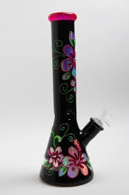 MAJESTIC BLACK 14IN GLOWING BEAKER BONG - FLORAL DESIGN